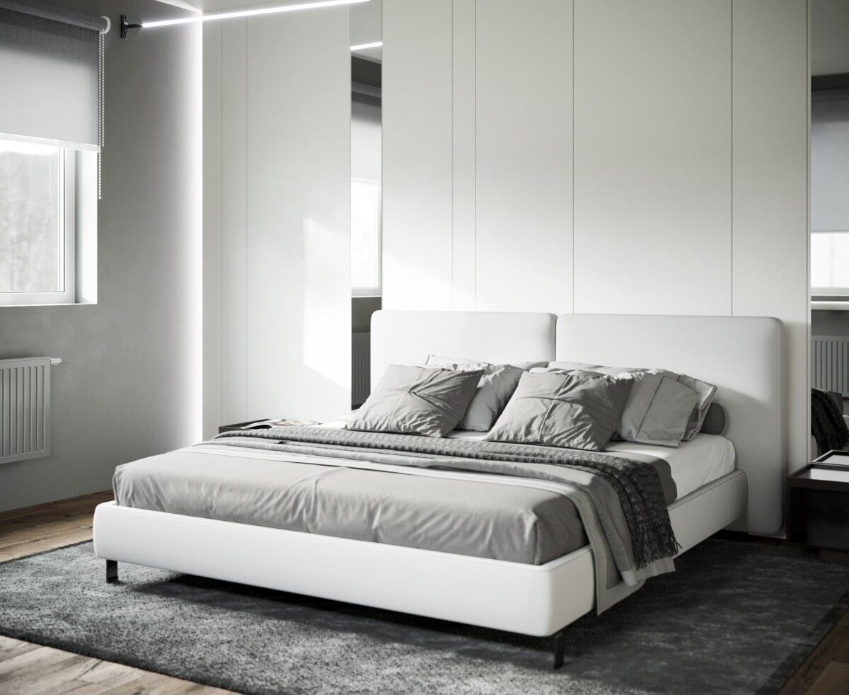 Кровать в спальне стиля минимализм