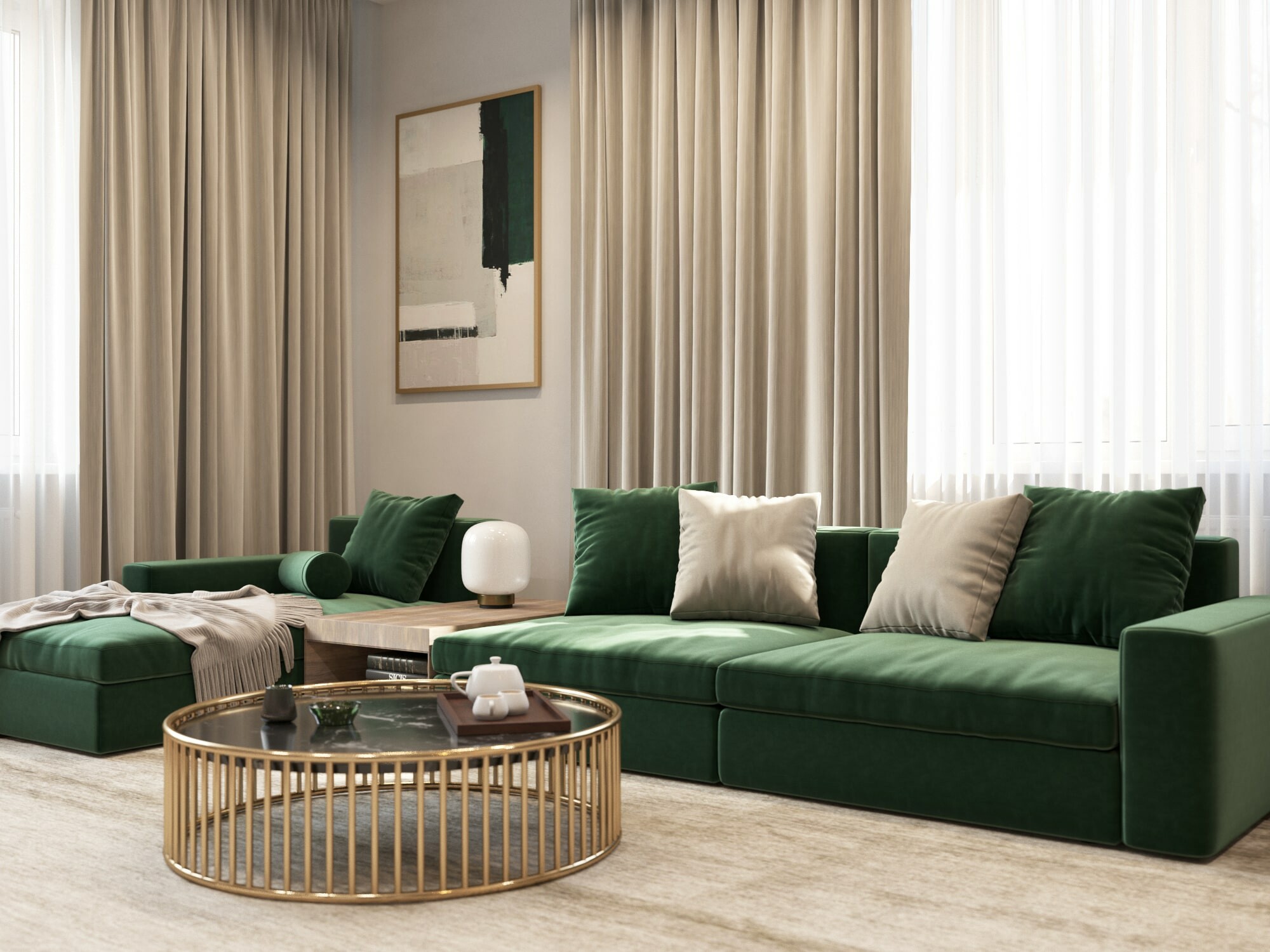 Зеленый диван в гостинной