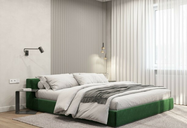 Зеленая кровать в спальне