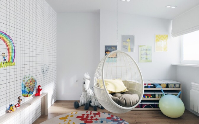 Яркая детская комната с подвесным креслом