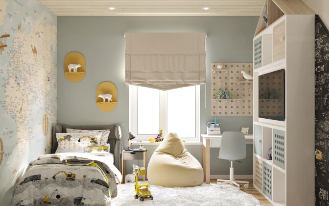 Детская комната с белым мягким ковром